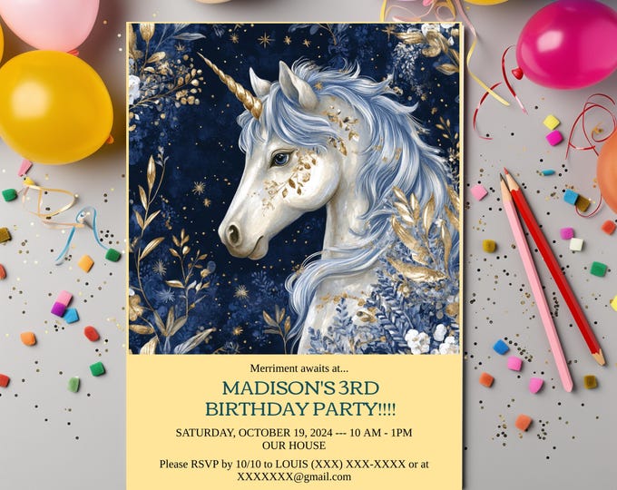 Customizable UNICORN BIRTHDAY Invite DIY Unicorn Party Invitation Girls Customizable Party Invite Unicorn Birthday Girls Unicorn Party Card