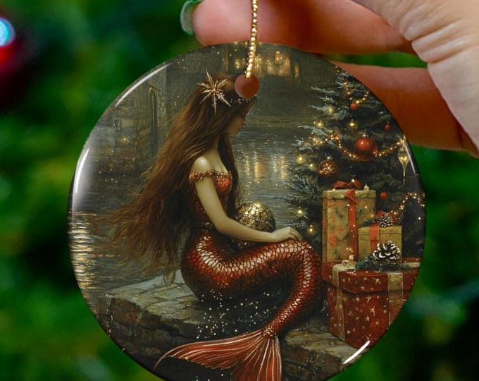 Mermaid Ceramic Ornament, Christmas Tree Decor, Holiday Ornament, Fantasy Ornament, Fairytale Ornament, Gift for Her, Enchanted Christmas