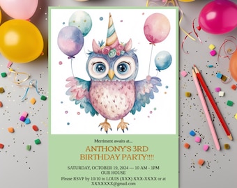 INVITACIÓN DE CUMPLEAÑOS DE ROCKIN OWL, invitación de Templett, invitación unisex de Evite, invitación de cumpleaños para niños, invitación de cumpleaños para niñas, descarga totalmente personalizable