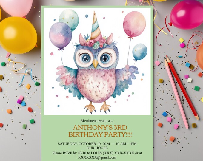 ROCKIN OWL Birthday INVITE, Templett Invite, Unisex Evite, Boys Birthday Invitation, Girls Birthday Invitation, Fully Customizable Download