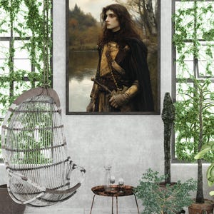 May include: A framed painting depicting a figure in a woodland scene. The figure is clad in a long, dark cloak and holding a sword. The background features a verdant forest with a river in the foreground.