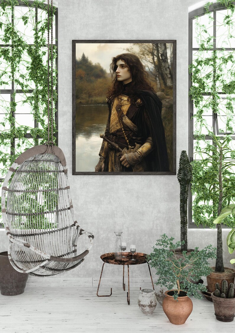 May include: A framed painting depicting a figure in a woodland scene. The figure is clad in a long, dark cloak and holding a sword. The background features a verdant forest with a river in the foreground.