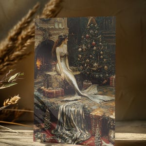 Postal navideña de sirena vintage (10 x 15 cm), tarjeta navideña de Mermaidcore, postal navideña caprichosa, tarjeta navideña de sirena, regalo navideño mágico