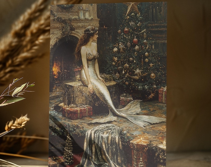 VINTAGE CHRISTMAS MERMAID Postcard (4 x 6), Mermaidcore Christmas Card, Whimsical Holiday Postcard, Mermaid Christmas Card Magical Xmas Gift