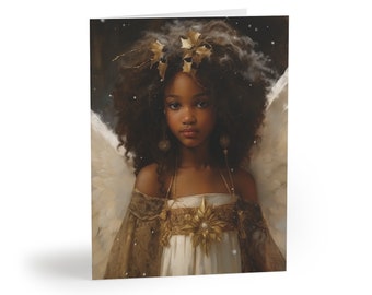 May include: A young girl with dark brown skin and curly black hair wears a white dress with gold accents and a gold star pendant. She has gold leaf earrings and a gold leaf crown with holly leaves. The background is a dark brown with white snow falling.