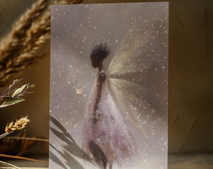 5 PACK -- African American Fairy Christmas Card (5 x 7 One Sided Card)| Black Fairy Holiday Greeting | Enchanted Holiday Art Black Nativity