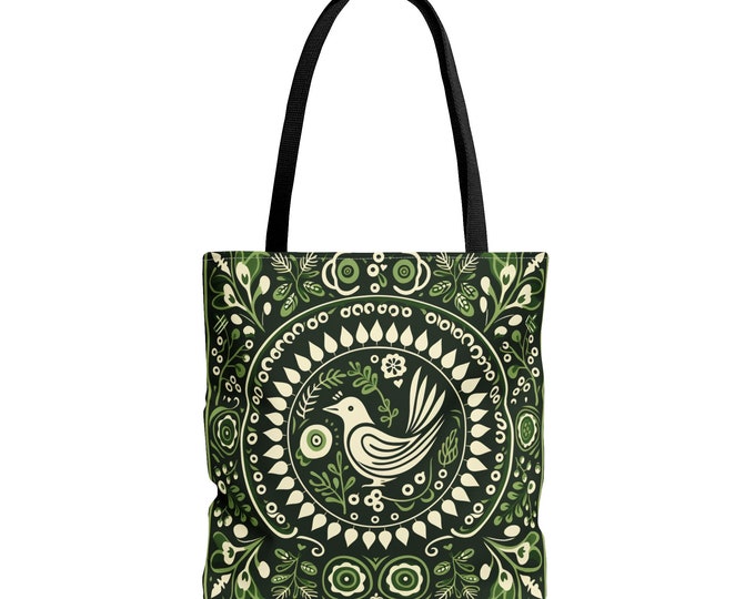 Green SCANDINAVIAN TOTE BAG, Green Folk Art Tote, Scandinavian Purse, Scandinavian Market Bag, Cottagecore Tote bag