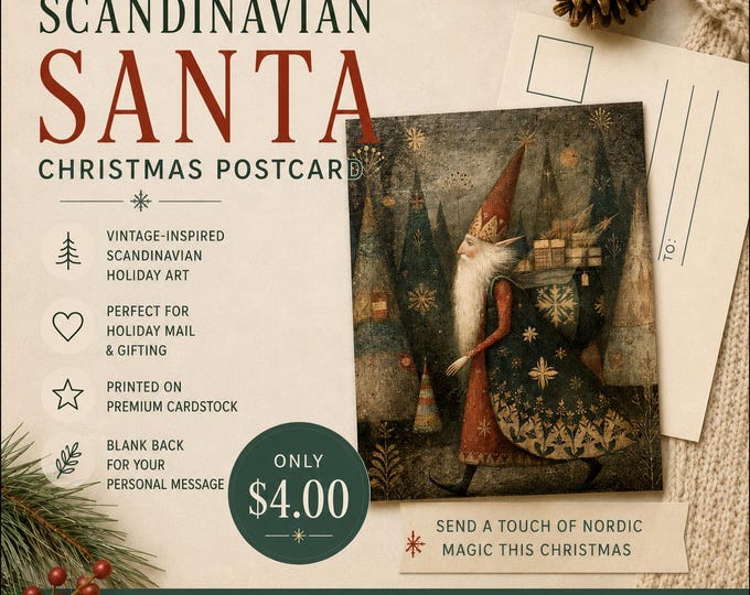Scandinavian Santa CHRISTMAS POSTCARD (5 x 7) – Vintage Nordic Holiday Art | "5 x 7" Holiday Greeting Card