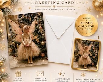 Kerstkaart fee met goudfoliesticker | Magische kerstkaart | Grillige fantasiekerstkaart | Cadeau feeënliefhebber | Kaart van 4,25 x 5,5 inch