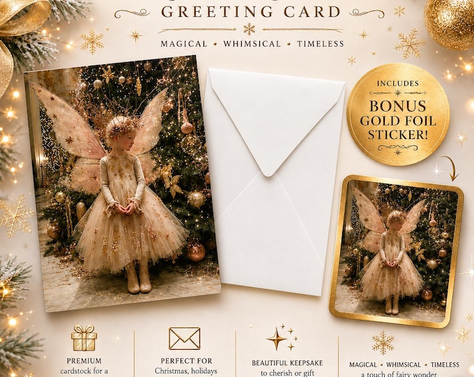 Fairy Christmas Card with Gold Foil Sticker | Magical Holiday Card | Whimsical Fantasy Christmas Card | Fairy Lover Gift | 4.25 x 5.5 Card
