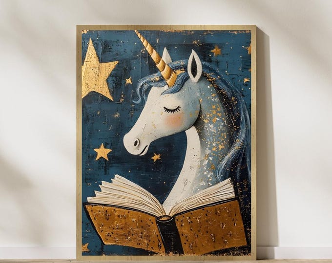 Reading Unicorn Wall Art (20x20), Nursery Decor Art, Fantasy Kids Bedroom Art, Fantasy Art Print, Magical Home Decor, Magical Unicorn Gift