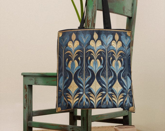 ART DECO TOTE. Bohemian Floral Tote Bag, Vintage Style Tote, Reusable Market Bag, Blue Eco-Friendly Gift, Blue Reusable Bag, Gift for Her