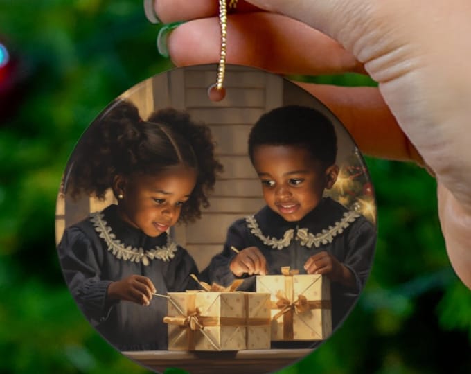 CHILDREN AT CHRISTMAS Ornament, African American Christmas Ornament, Black Interest Christmas Ornament, Black Santa, Black Angel