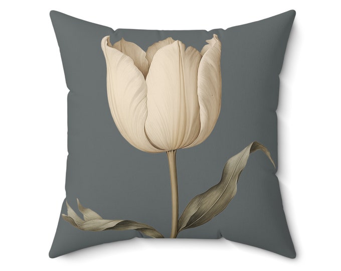 CREAM TULIP on Dark Grey Pillow, Tulip Pillow, Cottagecore Pillow, Cottagecore Home Accent, Tulip Cushion, Modern Farmhouse Decor