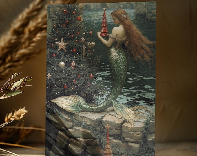 MERMAID CHRISTMAS POSTCARD (4x6) Mermaid Holiday Card, Mermaid Postcard, Fantasy Christmas Card, Whimsical Christmas Card Mermaid Lover Gift