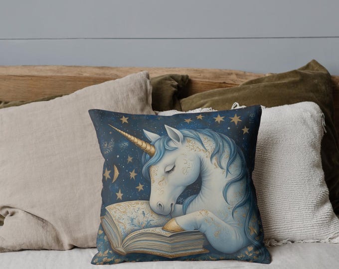 Fantasy Reading Unicorn Pillow, Book Lover Gift, Magical Unicorn Decor, Reading Nook Pillow, Kids Room Decor, Nursery Decor, Magical Pillow