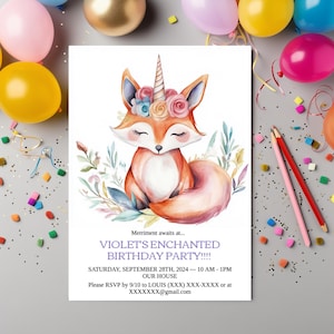 FAIRY FOX Invitation numérique personnalisable, carte d'invitation Fairycore, carte d'anniversaire imprimable Cottagecore, faire-part de fête pour filles, renard Evite