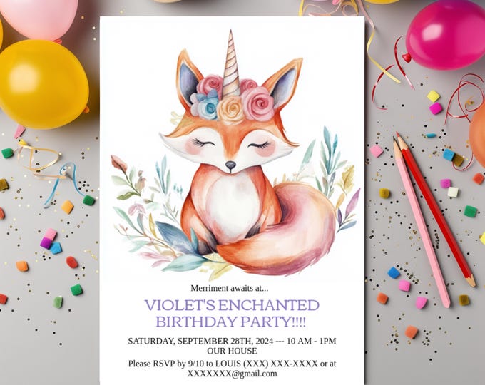 FAIRY FOX DIY Digital Invite Customizable Digital Invite Fairycore Card Cottagecore Printable Birthday Card Girls Party Invitation Fox Evite