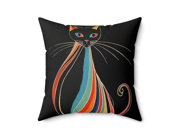 SASSY RAINBOW CAT Pillow (16 x 16 & 20 x 20), 70s Home Decor, Prismverse Decor, 70s Pillow, 70s Home accent, Cat Lover Pillow