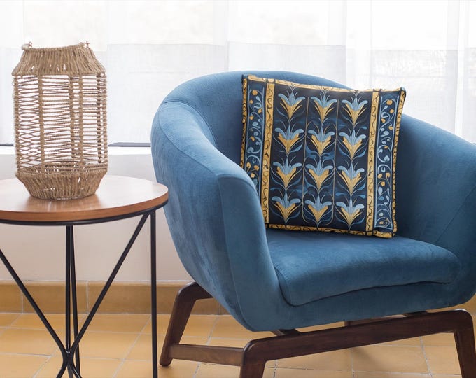 Bohemian Floral Throw Pillow | Blue Art Deco Pillow | Whimsical Pillow | Fantasy Cushion | Classic Design| Vintage Decor | Blue Gift for Her