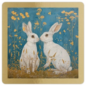 May include: Square art print featuring two white rabbits facing each other, set against a teal background with gold-colored floral accents. The print has a gold border, creating a decorative and elegant aesthetic.