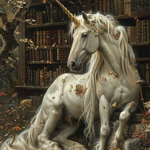 Peut inclure: Une licorne blanche avec une corne dorée est assise dans un décor de forêt. La licorne est ornée de feuilles d'automne et de fleurs. L'arrière-plan présente une bibliothèque remplie de livres.