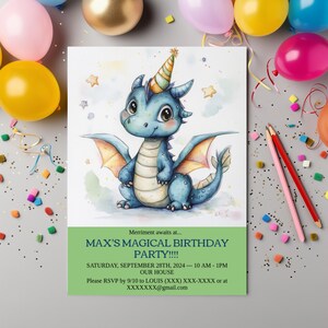 Digitale DRAGON-uitnodiging! Volledig aanpasbaar, kinderfeestje, DIY-kaart van 5 x 7, afdrukken of verzenden per e-mail! Perfect voor alle vaardigheidsniveaus!