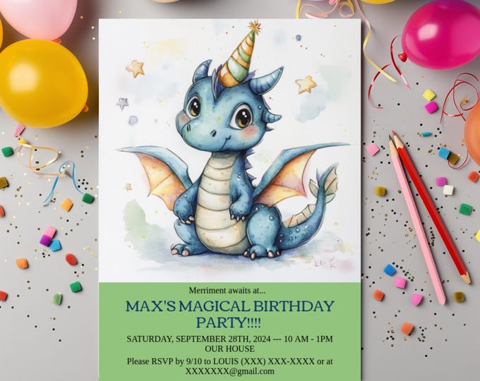 DRAGON DIY Digital Invite! Fully Customizable, Kids Children’s Party, DIY 5 x 7 Card, Print or Send by Email! Perfect for all Skill Levels!