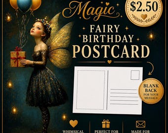 FAIRY BIRTHDAY POSTCARD, Fantasy Birthday Postcard, Girl's Birthday, Whimsical Birthday Card Fairytale Birthday Card Enchanted Birthday Card
