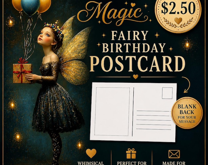 FAIRY BIRTHDAY POSTCARD, Fantasy Birthday Postcard, Girl's Birthday, Whimsical Birthday Card Fairytale Birthday Card Enchanted Birthday Card