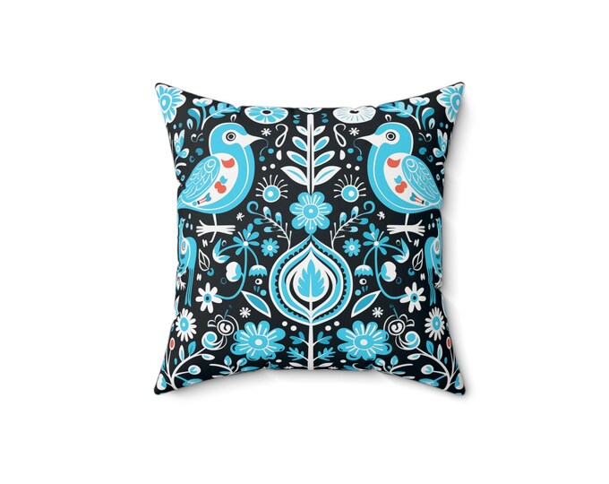 SCANDINAVIAN BLUE BIRD Pillow, Scandinavian Blue Cushion, Scandinavian Pillow, Boho Pillow, Cottagecore Pillow, Folk Art Pillow