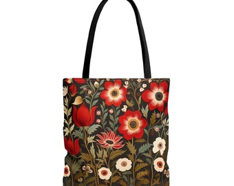 May include: A black tote bag with a floral print featuring red and white flowers on a dark green background.