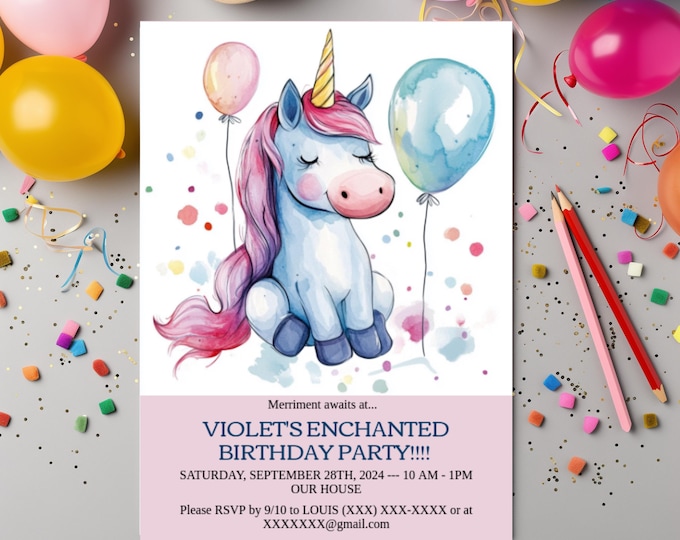 UNICORN BIRTHDAY DIY Invite Unicorn Customizable Kids Party Invite Girls Editable Party Evite Unicorn Templett Invite Templett Evite Party