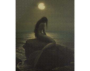 May include: A mermaid sits on a rock in the ocean, with a full moon shining in the night sky. The mermaid has long dark hair and a tail that blends into the water. The scene is dark and mysterious, with a sense of loneliness and longing.