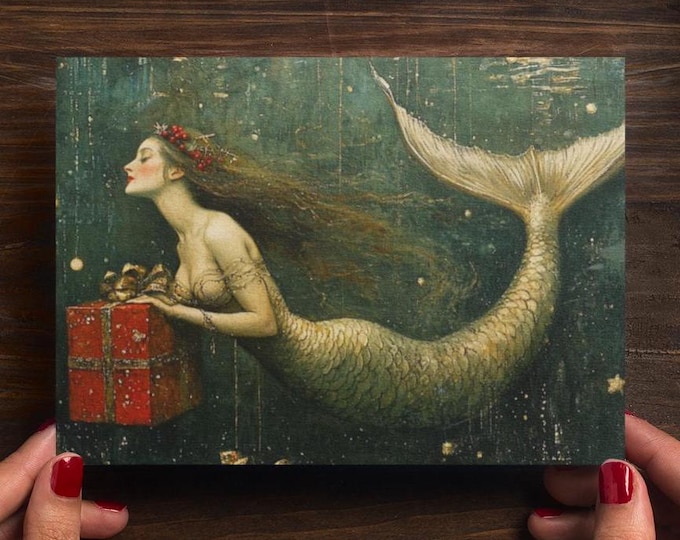 MERMAID CHRISTMAS POSTCARD, Mermaid Holiday Card, Mermaidcore Christmas, Mermaid Lover Gift, Fantasy Christmas, Vintage Mermaid Gift for her