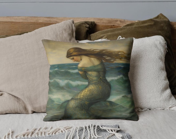 John Waterhouse Inspired Mermaid Pillow | Artistic Home Decor | Ethereal Ocean Decor Mermaid Pillow Mermaid Home Accent Fantasy Gift for Her