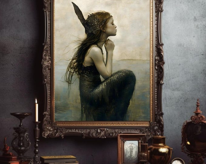 Mermaid Princess Wall Print Medieval Wall Art Gothic Wall Decor,  Goblincore Gift for Her, Fantasy Art Print, Fairy Tale Art, Gift for Her