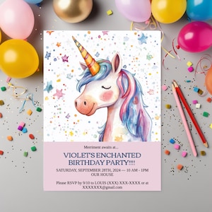 EENHOORN VERJAARDAG DIY uitnodigen Glittery Aanpasbare feestuitnodiging 5 x 7 kaart Print kaart E-mail kaart Rainbow Unicorn minnaar verjaardag