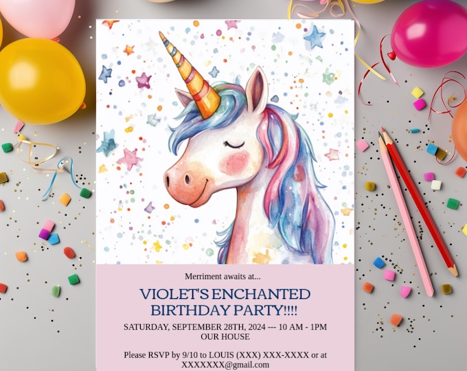 UNICORN BIRTHDAY DIY Invite Glittery Customizable Party Invite 5 x 7 Card Print Card Email Card Rainbow Unicorn Lover Birthday