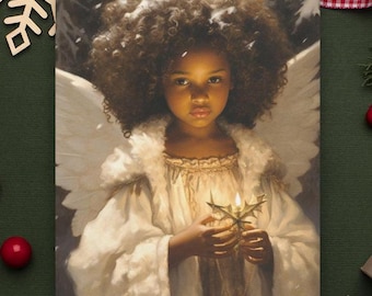 May include: A young girl with dark brown curly hair and a white dress holds a golden star with a lit candle in her hand. She is wearing a white halo and has a gentle expression on her face.