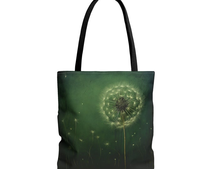 GREEN DANDELION TOTE Bag, Green Dandelion Purse, Green Dandelion Market Bag, Green Dandelion Recycle Bag, Dandelion Book bag, Gothic Tote