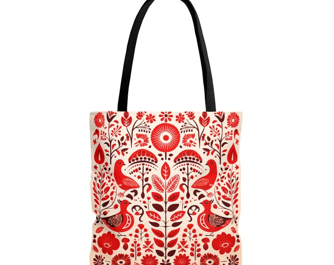 RED SCANDINAVIAN TOTE Bag, Boho Tote Bag, Folk Art Tote Bag, Scandinavian Market Bag, Scandinavian Purse