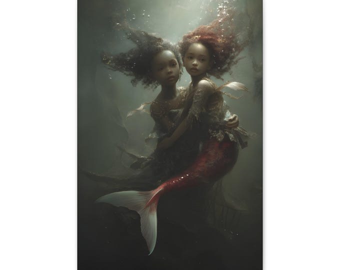 Canvas Mermaid Sisters Art | Black Mermaid | Diverse Fantasy | Fairytale Print | Nursery Print | Mermaidcore Aesthetic, Mermaid Art Gift