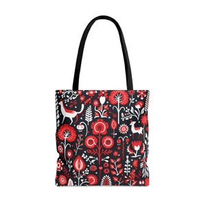 VIBRANT! Red SCANDINAVIAN TOTE bag! Folk Art Market Bag, Folk Art Tote bag, Scandinavian Purse, Scandinavian Market Bag