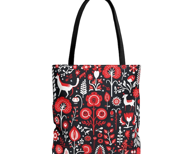 VIBRANT! Red SCANDINAVIAN TOTE bag! Folk Art Market Bag, Folk Art Tote bag, Scandinavian Purse, Scandinavian Market Bag
