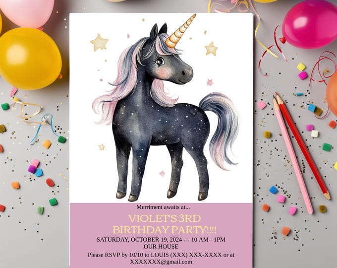 Customizable UNICORN BIRTHDAY Invite DIY Unicorn Party Invitation Girls Customizable Party Invite Unicorn Birthday Girls Unicorn Party Card