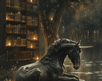 Pegatina de unicornio, arte de unicornio, pegatina de fantasía, arte de tapiz de unicornio, pegatina de cuento de hadas, pegatina mágica, pegatina de cuento de hadas, regalo para amantes de los libros