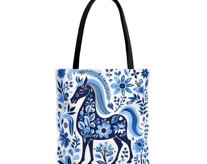 BLUE STALLION SCANDINAVIAN Market Bag, Blue Market Bag, Blue Reusable Tote, Horse Lover Bag, Cottagecore Bag, Cottagecore Purse