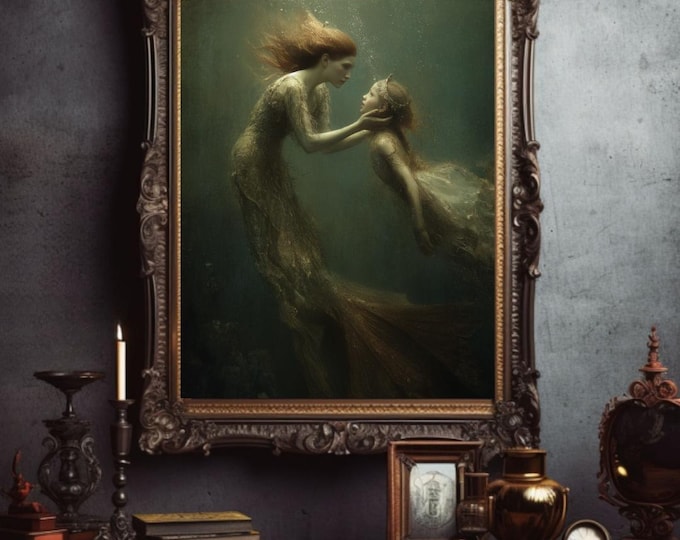 Gothic Mermaid and the Princess Wall Art (20 x 28) Mermaidcore Art, Mermaid Print, Fantasy Home Decor, Fantasy Painting, Enchanted Art Gift