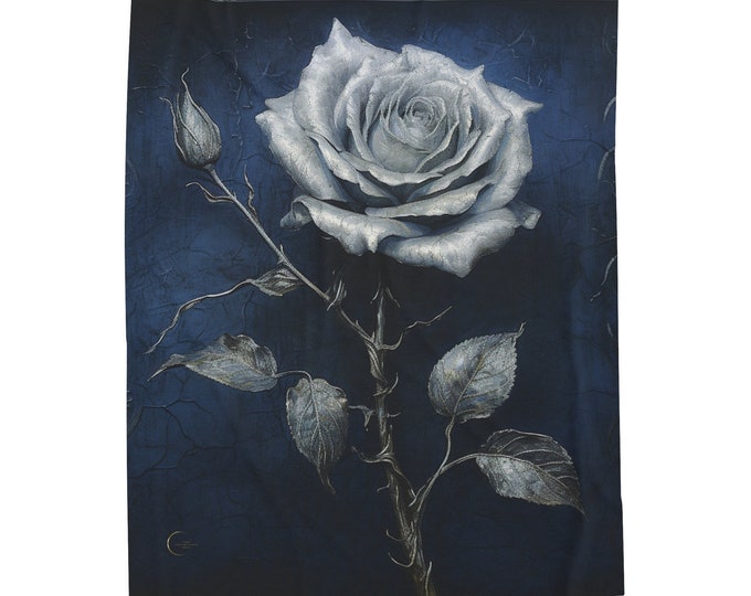 Gothic WHITE ROSE on BLUE Blanket (50 x 60), White Rose on Blue Throw, Cottagecore Blanket, Goblincore Gift Throw, Rose Blanket, Rose Throw,